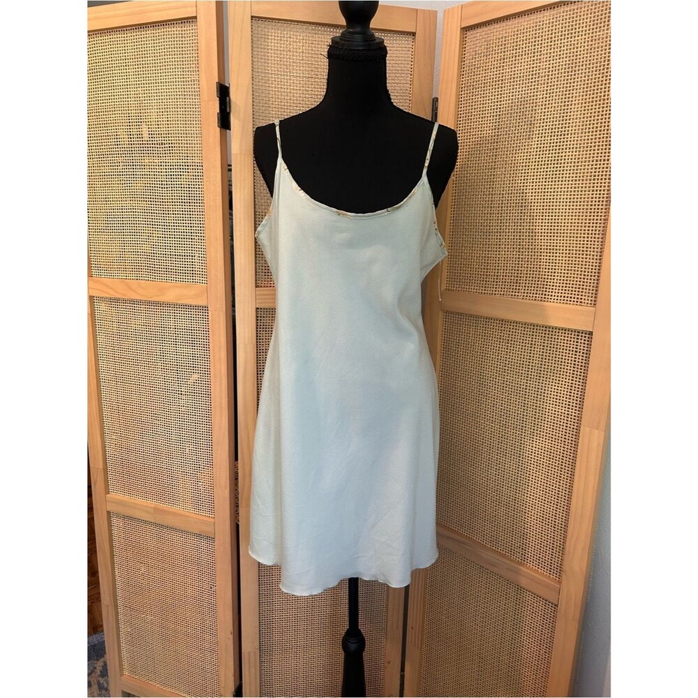 Mango Sage Satin Slip Dress Floral Trim Mini 90s Coquette NWOT Sz L US 8